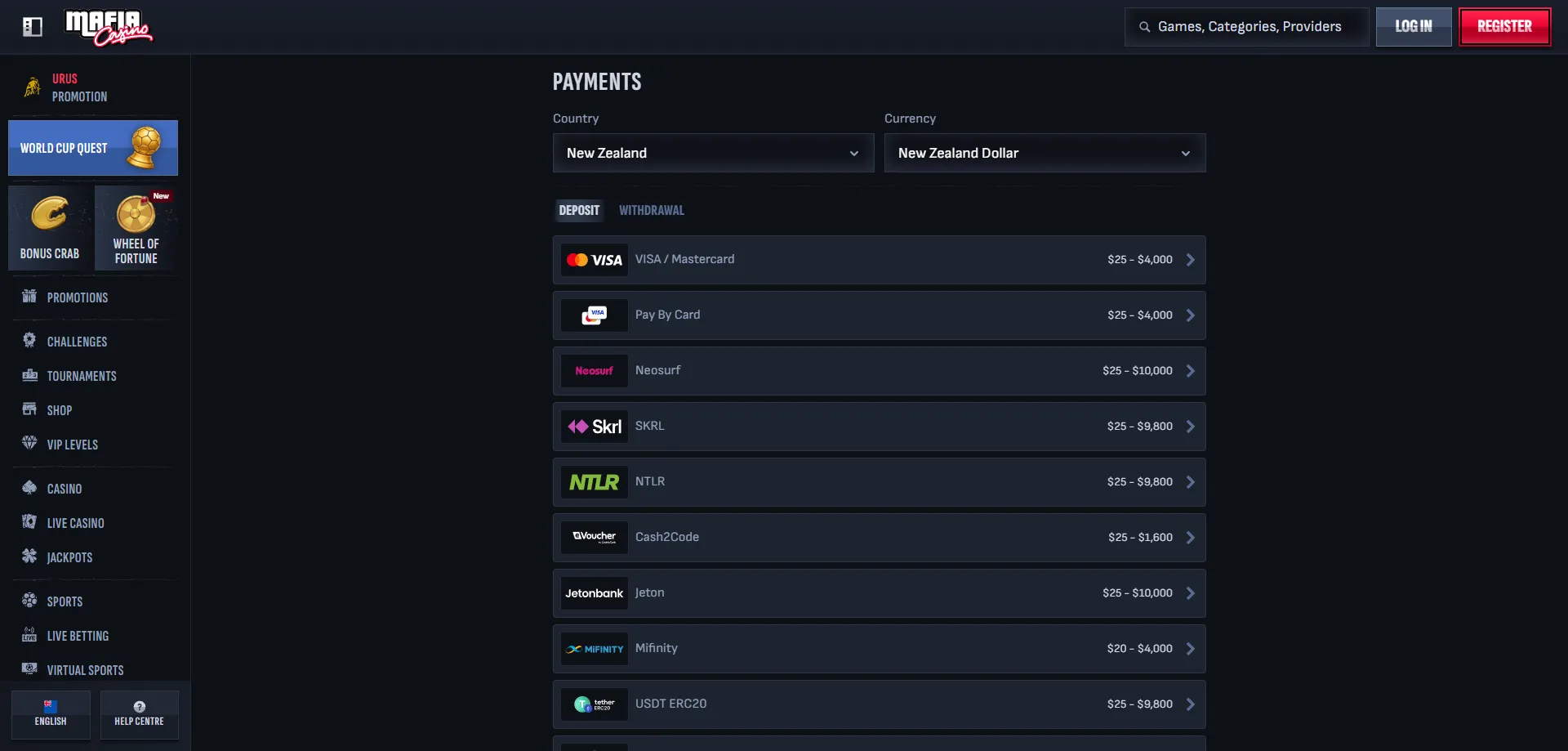 Mafia Casino deposit and withdrawal payment methods for NZ