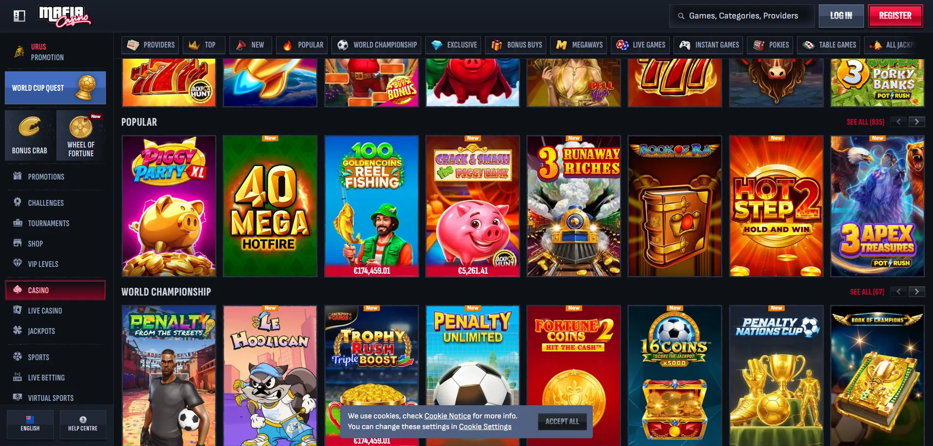 Mafia Casino pokies and slot games lobby for NZ players